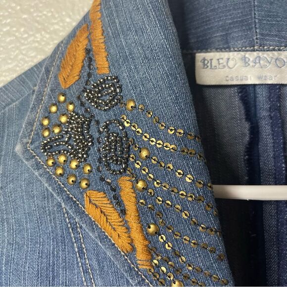 Vintage 90s Bleu Bayou Denim Jacket Medium Blue Embroidered Sequin Mid Length - Picture 5 of 16